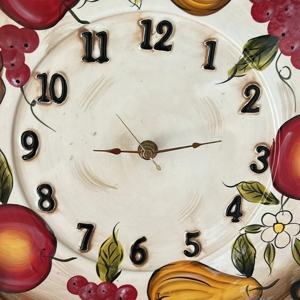 Vintage Rainbow Ceramic Wall Clock Fruit Flowers 13 1/4” diameter
